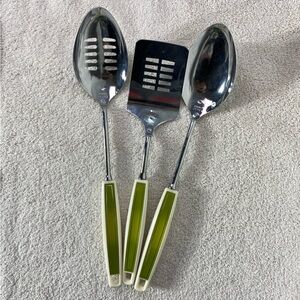 Vintage Ekco Canada MCM Avocado Green Cream Handle Cooking Utensil Set 3pc